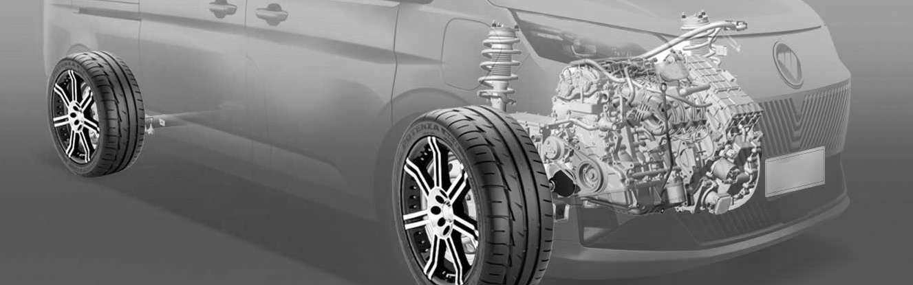 The EView Grand chassis with front suspension, wheels and drive unit exposed