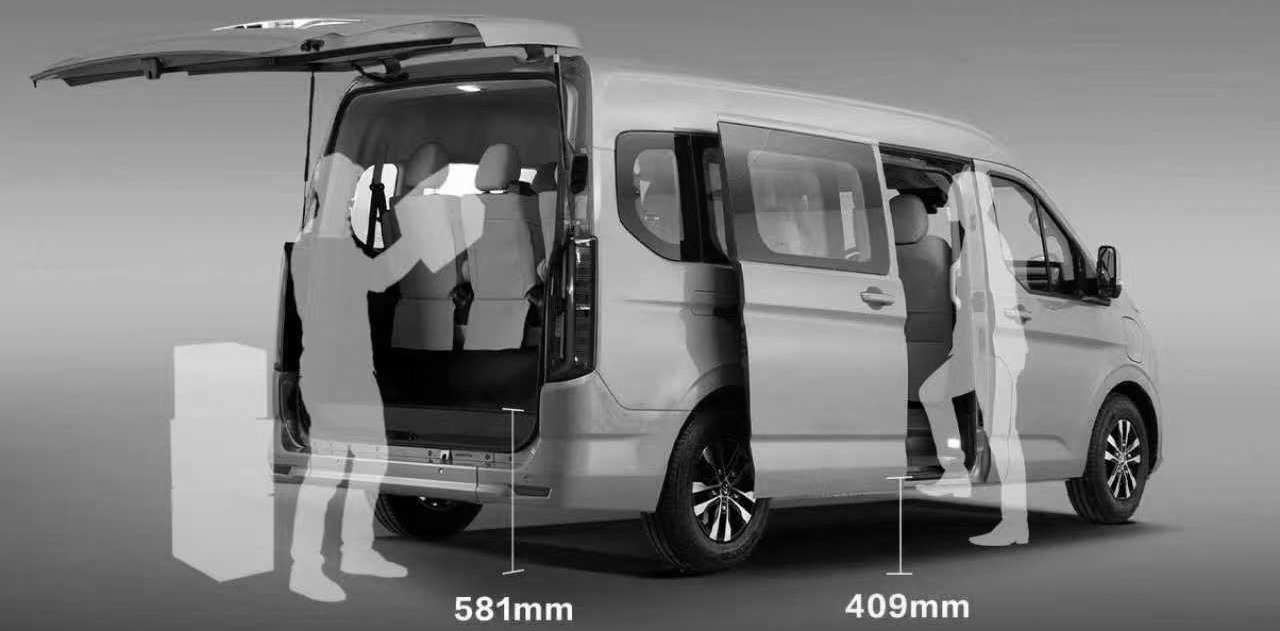 The EView Grand with doors open, marked with floor height 581 mm and footboard height 409 mm