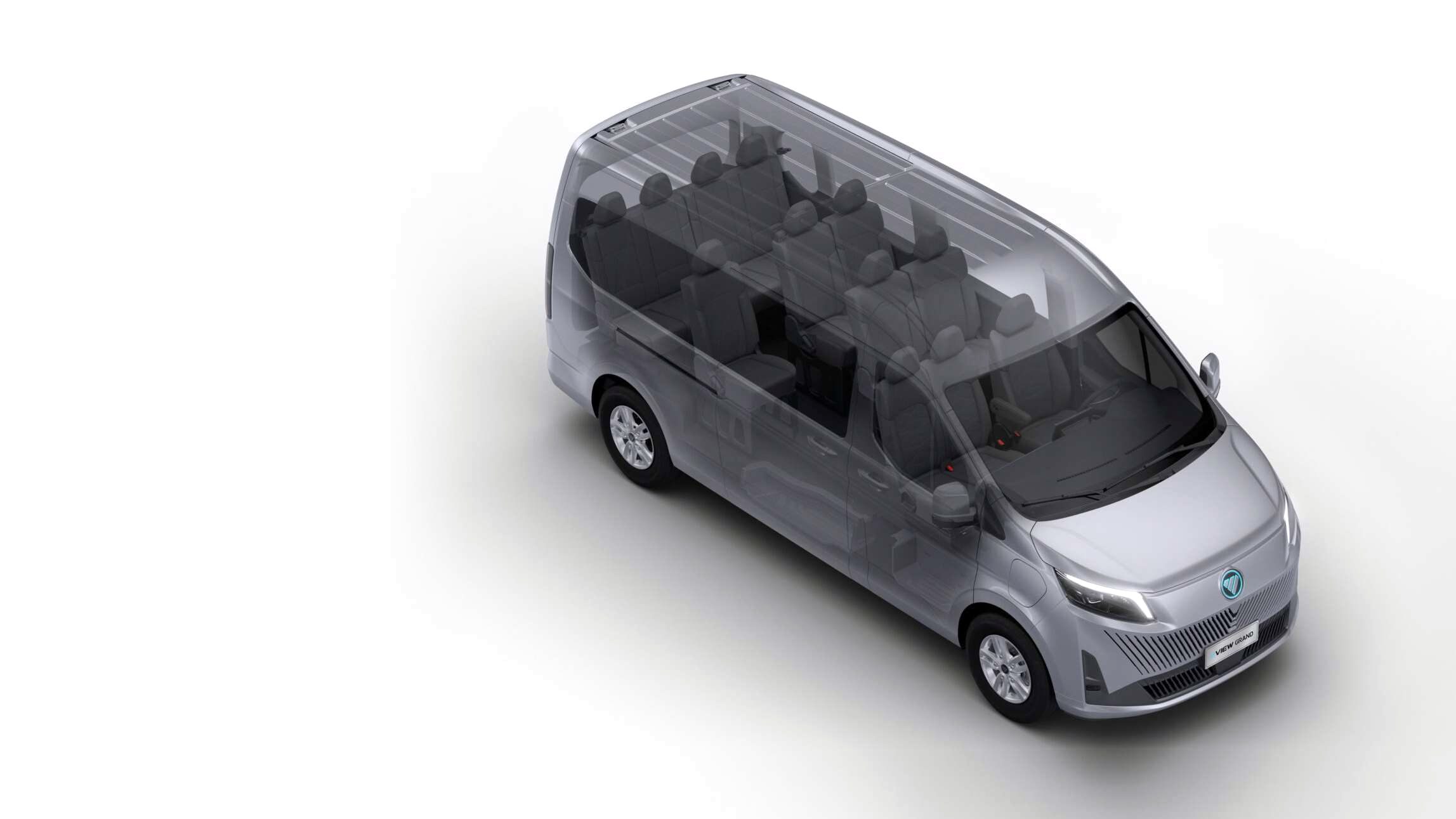 Transparent studio view of the EView Grand showing its four rows of seats